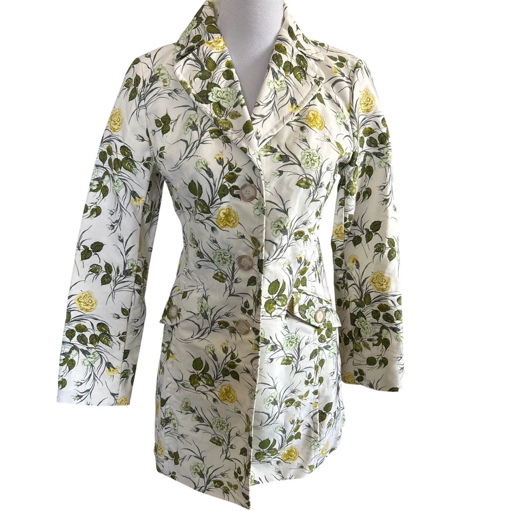 Ann‎ Taylor Floral Trench Blazer White Yellow Green Botanical Print Cotton XS